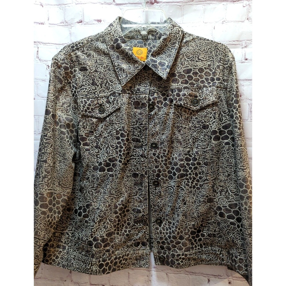 Ruby Rd Women's 18 Jacket beige tan brown gold animal abstract print 3/4 slv